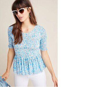 new Anthropologie Maeve Ashton Smocked Peplum Top size M floral blouse nwt blue